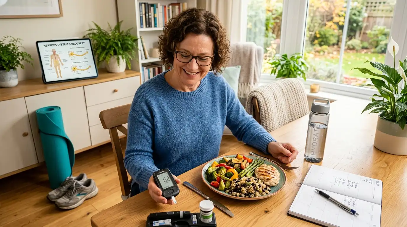 What Actually Helps: Lifestyle Changes That Make a Difference Blood Sugar Control Is Step One If you only do one thing, do this: get your blood sugar levels under control. This is the single most important step for managing diabetic peripheral neuropathy. Without it, nothing else will work as well. The goal is to keep your HbA1c as close to your target as possible, which your doctor will set for you (usually below 7% for most people). This slows down nerve damage progression and gives your body the best chance to stabilize. Some people even notice a real drop in pain once their blood glucose is consistently in a good range. Honestly, I think this is the part people underestimate the most. Managing blood sugar every single day feels boring. It is not exciting. But it is the foundation of everything. Diet, Exercise, and Other Lifestyle Steps Eating a healthy diet rich in whole grains, vegetables, lean protein, and healthy fats helps keep blood sugar steady. Cutting back on refined carbs and sugary drinks makes a big difference. A balanced diet also reduces inflammation, which plays a role in how fast neuropathy gets worse. Regular physical activity is another big one. Exercise improves blood circulation, lowers blood sugar, and may even support some nerve regeneration. You do not need to run marathons. A 30-minute walk five days a week is a great start. Some studies also show that yoga, tai chi, and gentle stretching can reduce pain and improve how you feel day to day. Quitting smoking is also critical. Smoking reduces blood flow to your nerves, which makes neuropathy much worse. And if you drink alcohol, cutting back or stopping helps too, since excessive alcohol can cause its own kind of vitamin deficiency that damages nerves further.