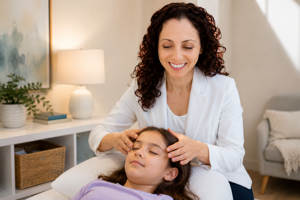 Child receiving support for focus, learning, and cognitive development through Brain Integration Technique
