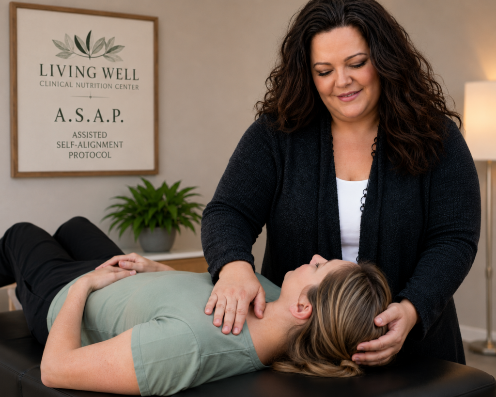 Dr. Delgado performing A.S.A.P. chiropractic on a patient at Living Well Clinical Nutrition Center in League City, TX.