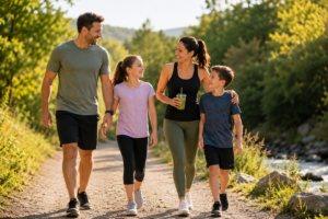 Active family enjoying a healthy lifestyle together during an outdoor walk on a sunny nature trail.