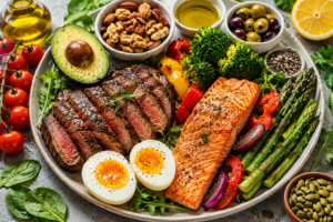 Healthy meal featuring steak, salmon, eggs, avocado, vegetables, nuts, and healthy fats for balanced nutrition.