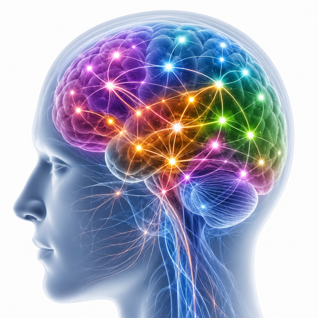 Visualization of brain pathways and neural connections supporting focus, learning, memory, and emotional regulation.