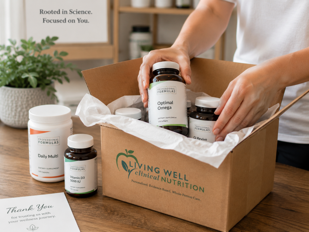 Professional nutritional supplements being carefully packed for home delivery by Living Well Clinical Nutrition Center.