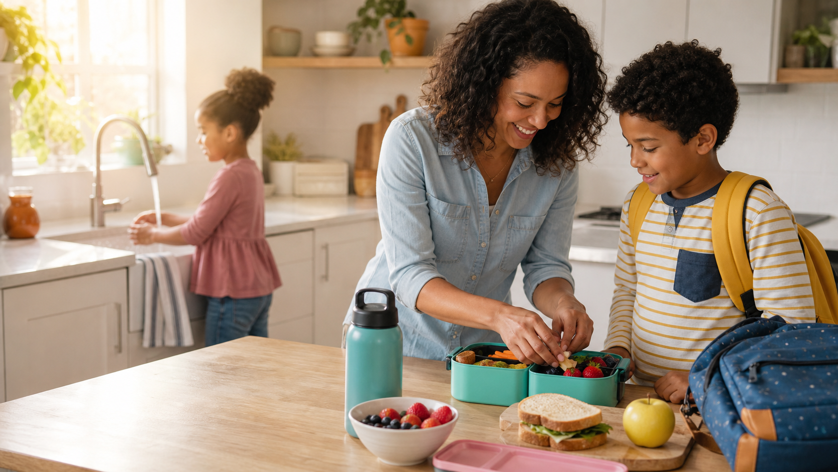 Parent packs a balanced school lunch while one child gets ready and another washes hands in a sunny kitchen.