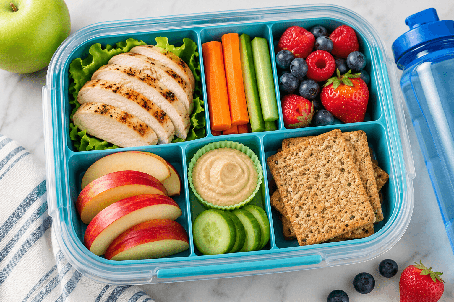 Healthy school lunch ideas with chicken, fruit, vegetables, and whole grain crackers.