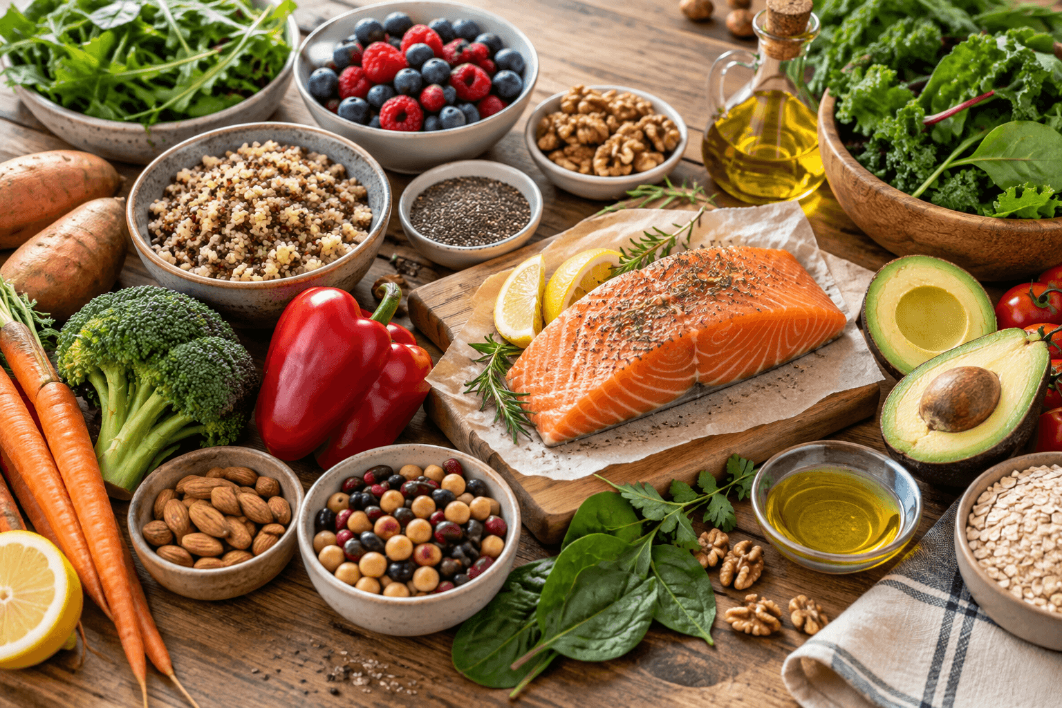 Nutrient-dense foods that support healthy aging including salmon, vegetables, berries, avocado and nuts