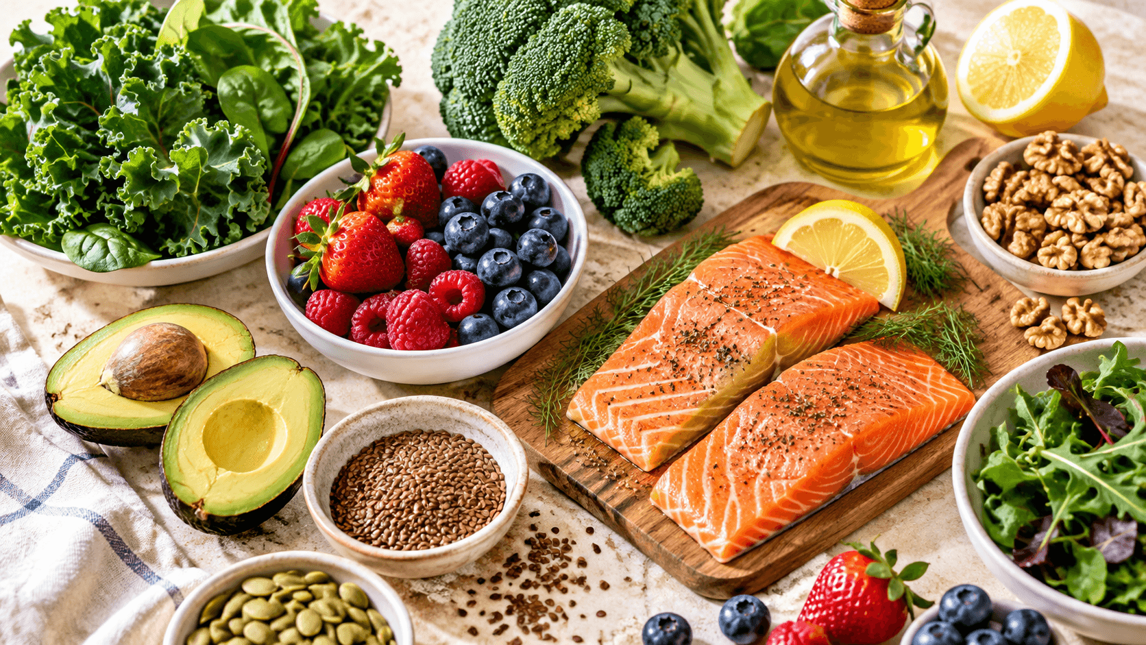Healthy foods for breast health and nutrition, including salmon, berries, broccoli, avocado, nuts, and leafy greens.